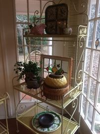 Yellow baker's rack has matching serving cart; small stain glass window