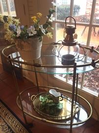 Two tiered glass and brass serving cart