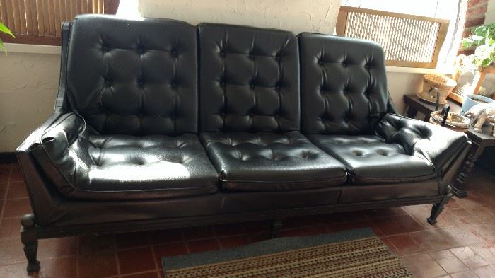 Vintage Black Leather Sofa Mid Century