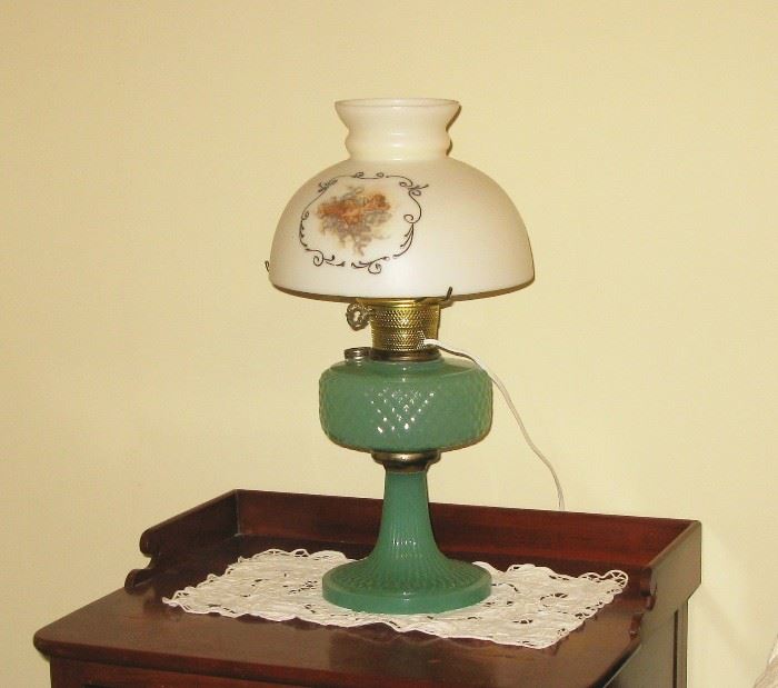 jadite hurricane lamp with original shade 