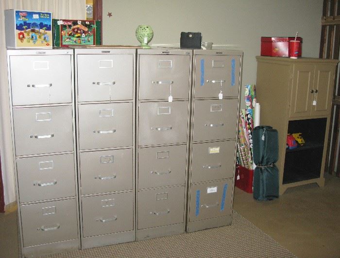 4 drawer file cabinets, new childs pack and play and more