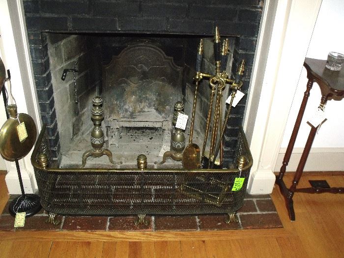 Fireplace w/American Eagle Fireback, period andirons, fireplace tools in stand, and antique fender
