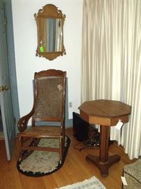 Cane rocker, tiger maple mirror, and Octagon side table