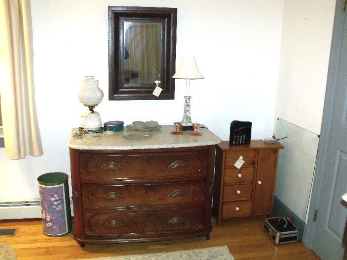 Marble top dresser w/carved wood pulls. Note small country chest - side by side
