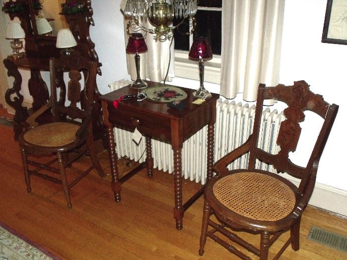 Jenny Lind walnut side table, Eastlake chairs