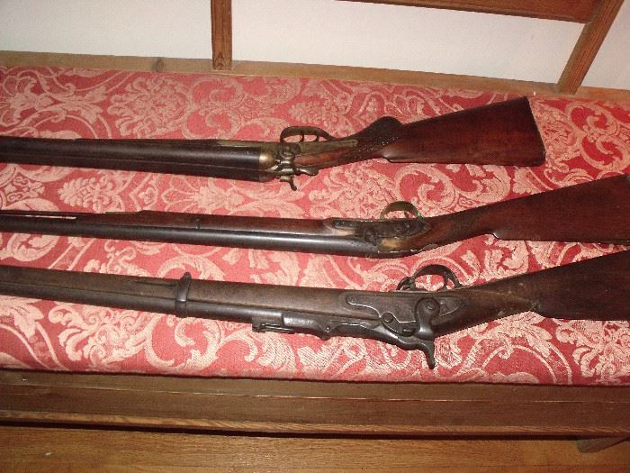 Guns - 1863 Springfield trapdoor musket,  early 19th century fowling piece, mid 19th century rabbit ear double barrel shotgun