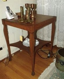 Oak lamp table, vintage candlesticks