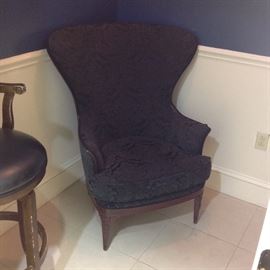 Newly upholstered jacquered pattern navy blue wing chair 