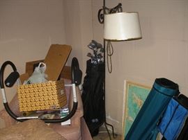 pole lamp, golf clubs, 2 wood shafts, ab machine