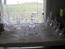 crystal, decanters, cruets, glass punch ladel,Dancing Girl decanter and glasses