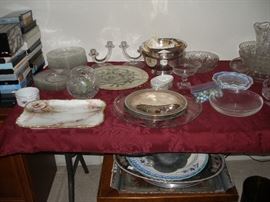 hand painted tray, Elegant glassware, Paul Revere Reproduction silver plate