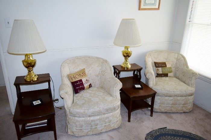 White club chairs wi th h pair of mahogany end tables