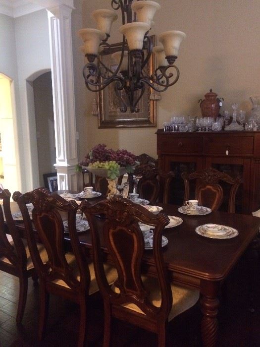 Gorgeous dining table/8 chairs; antique display cabinet