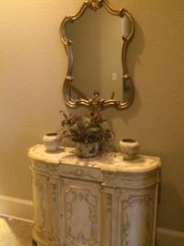 Hand painted entry piece/commode; gold framed mirror