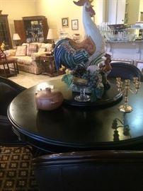 Great black round breakfast table with 4 curved-back chairs; one of several roosters