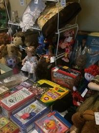 Small Shirley Temple doll, games, and toys