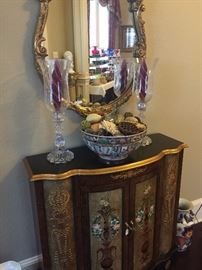 Elaborate entry piece/commode, decorative mirror, Asian bowl, and candle holders