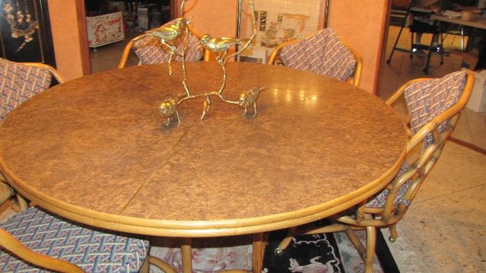 Brass Inlay Round Table & Rattan Chairs by Willow & Reed