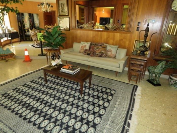 Boukhara Rug, Mersman Mid Century Coffee Table, Carved Nesting Tables, Owner Not Sure if going to sell sofa yet.  