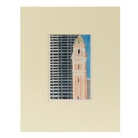 Robert Herrmann Original Architectural Watercolor: An original watercolor painting on heavyweight watercolor paper by listed artist Robert Herrmann (1922-1996). Known for his precision and clean, linear works, Herrmann stays true to form in this work. A massive geometric skyscraper and the tower of a church painted in delicate shades of peach and olive contrast each other wonderfully. The painting is initialed by the artist to the lower right. It is matted in white and presented without framing, awaiting your choice of presentation. In his life, Herrmann chose not to show any of his work publicly; his first solo exhibition was held posthumously. Please see link below for additional information.