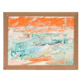 Jack Meanwell Original 2001 Abstract Oil on Canvas Board: An original oil painting on canvas board by well-listed Cincinnati artist Jack Meanwell (1919-2005), dated 2001. The painting is an erratic blur of thickly applied white, orange, viridian green and cobalt blue impasto paint, beautifully manipulated with brush and palette knife like icing on a cake. Artist signature and date are marked to the lower right of painting and in pencil to the verso. The painting is presented in a blonde wood frame. Meanwell was an instructor at the Art Academy of Cincinnati for over twenty-five years and holds a special place among collected Cincinnati painters.