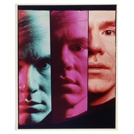 Philippe Halsman Original Chromogenic Photograph of Andy Warhol: A chromogenic color photograph on glossy photo paper by extremely well-listed 20th century portrait photographer Philippe Halsman (American/Latvian, 1906 – 1979). The photograph depicts a three-panel portrait of famed American pop artist Andy Warhol (1928 – 1987); each panel depicts a closely-cropped image of the artist’s face cast in a different vibrant shades of light. The photograph was taken in 1968 and released in a 1989 portfolio of eight color chromogenic prints, released in a limited edition run of 100. Presented without matting or framing, awaiting your choice of presentation.
