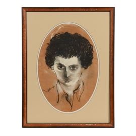 Jim Dine Original Ovular Charcoal Portrait: An original portrait on toned paper by prolific and very well-listed American pop artist Jim Dine (Ohio/New York, born 1935). This portrait depicts a dark-haired person, with their chin lowered as they stare intently back at the viewer. The ovular drawing is double-matted in beige and pale gray and is presented behind glass in a wooden frame. The drawing is unsigned. Per consignor, this piece was given as a gift from Dine to his professor at the University of Cincinnati, from whose family the piece is now being sold. Carl Solway of Solway Galleries spoke with Jim Dine in October 2016 and gained verbal confirmation of this information; paperwork documenting this information is included. Extensive information about this prolific artist can be found below under Additional Information.