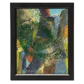 Edgar Hatten Original Mixed Media Painting Canvas "Girl": An original 1984 mixed media painting on canvas by listed American/Australian artist Edgar Hatten (1929 – 1990), titled Girl. The painting uses collaged paper, oil paint, and oil pastels to create an abstract composition that seems to be centralized around a deep forest green form to its center. The painting is signed, dated, and titled by the artist to the verso. It is presented in a simple black composite frame with a hanging wire. Hatten is known for painting abstract still-lifes and landscapes, integrating mood, concept, visual elements, and drama. He was born in Wyoming and lived most of his life in Los Angeles. He was a teacher at Swinburne College in Australia, and in California at East Los Angeles College and Citrus College. More information about the artist can be found below under Additional Information.