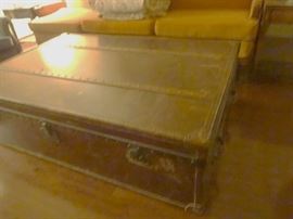 RESTORATION HARDWARE LEATHER COVERED TRUNK TABLE