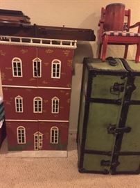 DOLL HOUSE with lots of furniture!   & Old trunk!