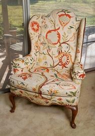 Mary Webb Wood Crewel Stitch Wing Back Chair - 450.00