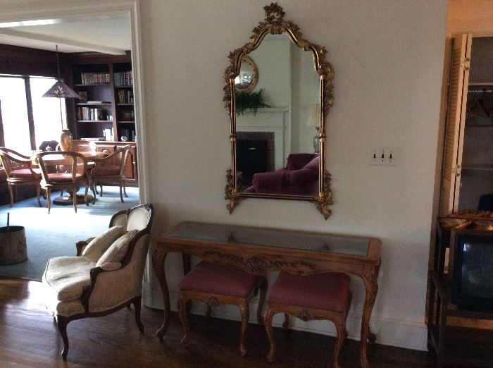 Wood-carved French Console Table with Two Matching Benches and Ornate Gold Mirror