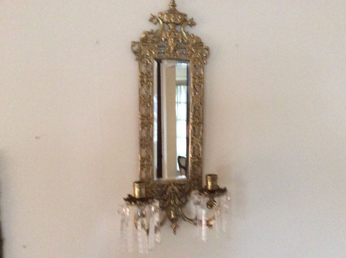 Mirrored Brass Sconces with Dolphin Detail