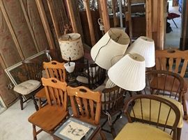 Chairs to go with  breakfast & dining table, two Scandinavian style w/spindle backs, unique vintage lamps.
