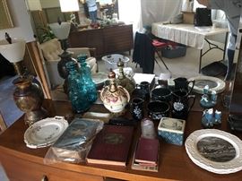 Misc. decorative plates, vintage decanter, etc