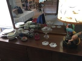 Decorative plates, Antique cranberry sugar shaker, Vintage Pheasant Lamp