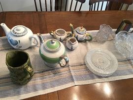 Majolica pottery?, McCormick teapot, cut glass