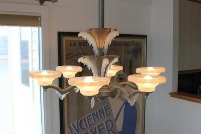 Art Deco Nickel & Glass 6-Arm Chandelier. Shop now at www.simplyestated.com!