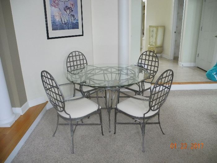 45" glass round table with 4 chairs - iron & white
