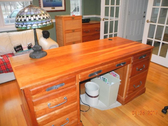 Wood Desk w/matching cabinet = 3 drawer wicker file cab