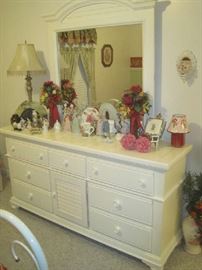 Broyhill white dresser with mirror, Asian and other ornaments on desser
