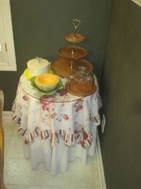 Round covered table with glass top, cheese holders, 3 tiered tray