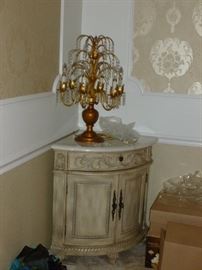 Marble top corner cabinet & Ornate crystal lamp