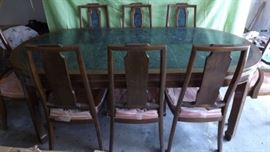 MMD010 Wooden Oriental Dining Table & Chairs, Marble Inlay
