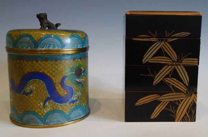 CLOISONNE HUMIDOR AND A LACQUER PICNIC BOX WITH NASHIJI INTERIOR