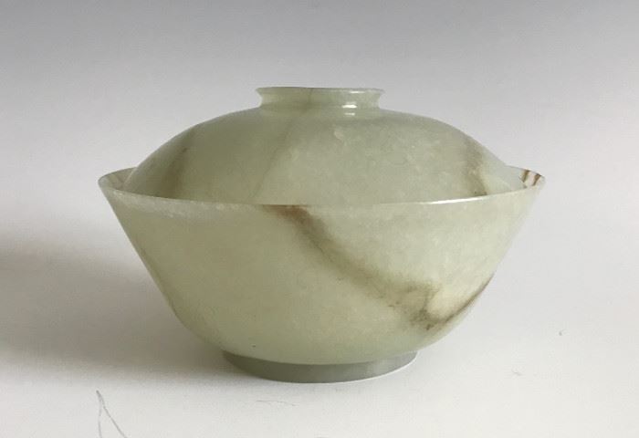 CHINESE CELADON JADE BOWL WITH FINELY CARVED  FLORAL DESIGN