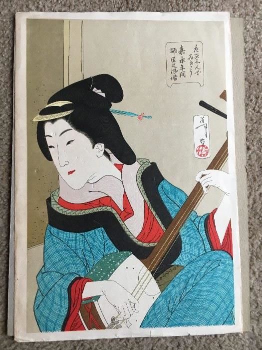 Yoshitoshi woodblock print. "The Music Teacher". G condition- some indentations-full margins-unbacked.