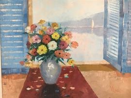 Manol. acrylic on canvas. Still life bouquet. signed lower right.