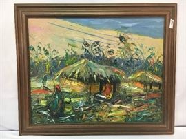 African (Congo) artist Bomolo. Village scene. oil painting. Inscribed lower right. 1963.