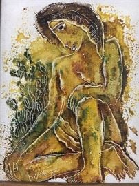 Calvin Burnett Mid Century Sepia tone oil on canvas. Inscribed signature lower left. 